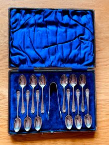 Cased Set Of Antique Teaspoons And Sugar Tongs