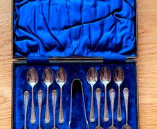 Cased Set Of Antique Teaspoons And Sugar Tongs