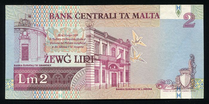 MALTA - 2 Liri 1967 (1994) Banknote P 45d (aUNC)