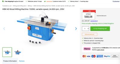 HBM 40 Wood Milling Machine 1500W, variable speed, 24.000 rpm, 230V
