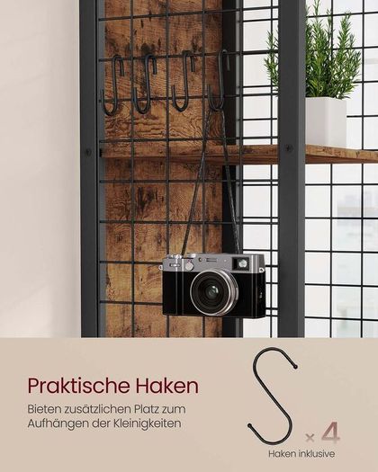 Tall Industrial Bookshelf with 6 Shelves and Hooks Rustic Brown and Black