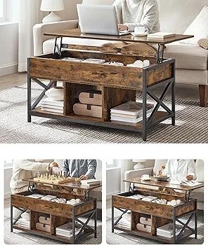 Living Room Table with Lift Top, Coffee Table, Hidden Compartment and Open Compartments, Steel Frame, 50 x 100 x (46.5-62) cm, Vintage Brown and Black