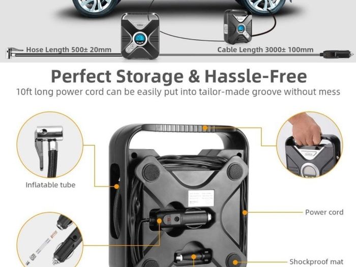 Car Tyre Inflator Air Compressor Tyre Pump 12V Electric Car Air Pump for Car Tyres Bike Tyres with Digital Tyre Pressure Gauge and Inflator Valve Adaptors LED Light (FREE POSTAGE)