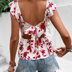 Floral Print Tie Backless Ruffle Trim Blouse - XL