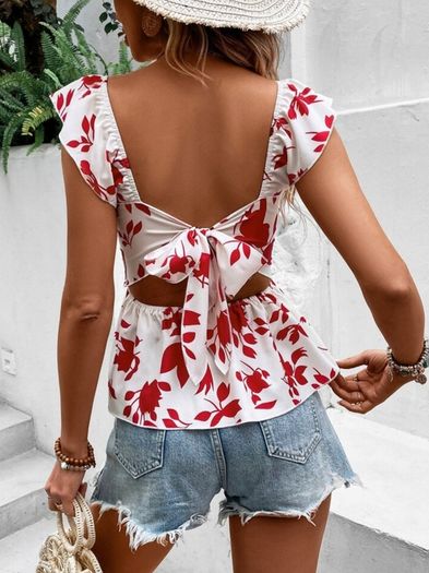 Floral Print Tie Backless Ruffle Trim Blouse - XL