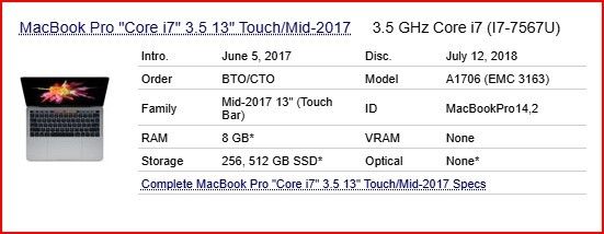 MacBook Pro 13.3" Touch Bar A1706 2017 3.5GHz Intel i7 | 500GB SSD | 16GB Memory macOS Ventura (Iris Plus Graphics 650 1536 MB) Battery Cycle: 131