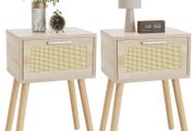 Nightstand Set of 2 End Table Small Bedside Table Handmade Rattan Decorated Drawer  Solid Wood Legs, 35by27by53cm, Modern Side Table for Bedroom, Living Room, Natural HST010N-2