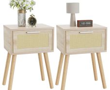 Nightstand Set of 2 End Table Small Bedside Table Handmade Rattan Decorated Drawer  Solid Wood Legs, 35by27by53cm, Modern Side Table for Bedroom, Living Room, Natural HST010N-2
