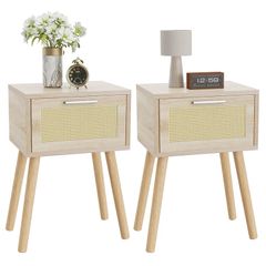 Nightstand Set of 2 End Table Small Bedside Table Handmade Rattan Decorated Drawer  Solid Wood Legs, 35by27by53cm, Modern Side Table for Bedroom, Living Room, Natural HST010N-2