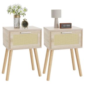 Nightstand Set of 2 End Table Small Bedside Table Handmade Rattan Decorated Drawer  Solid Wood Legs, 35by27by53cm, Modern Side Table for Bedroom, Living Room, Natural HST010N-2
