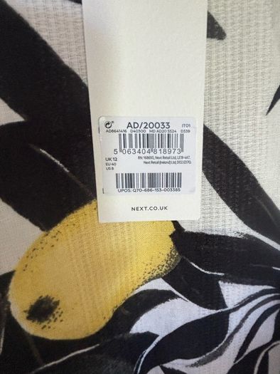 Next Ecru/Yellow Lemon Print Linen Blend V-Neck Summer Mini Dress