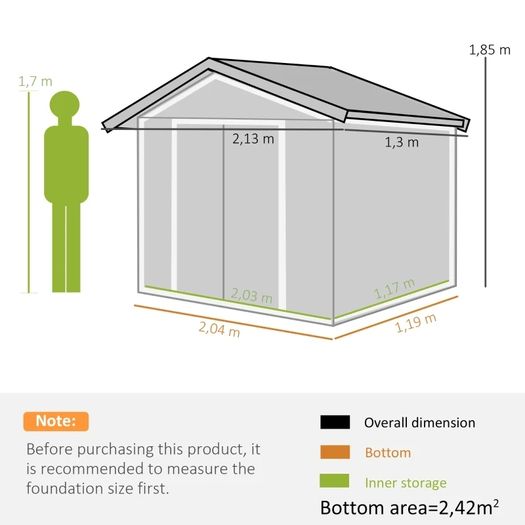 Outdoor Storage Shed, 7ft x 4ft, Large Patio Roofed Tool Metal Storage Building Foundation Sheds Box Outdoor Furniture