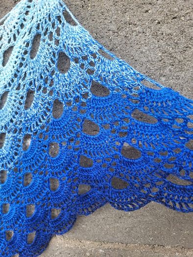Handmade crochet triangle shawl wrap. Blue and white ombre lacy shawl