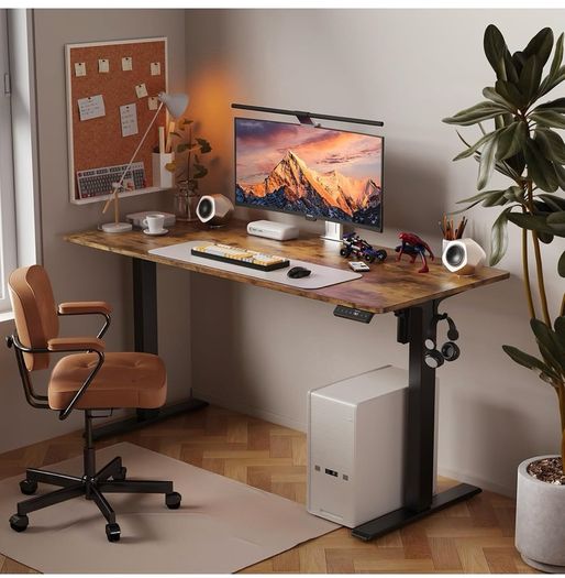 Electric Standing Desk, 120 x 60 cm, Rustic Brown Height Adjustable Desk, 2 Hooks, 4 Memory Heights, 72-118cm, Splice Board, Ergonomic Sit Stand Computer Desk for Home Office