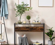 Entryway Console Table Desk with Drawers, Toughened Glass Shelf, 3D Wood Grain (FREE SHIPPING)