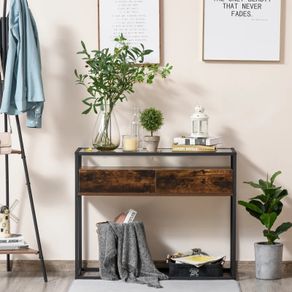 Entryway Console Table Desk with Drawers, Toughened Glass Shelf, 3D Wood Grain (FREE SHIPPING)