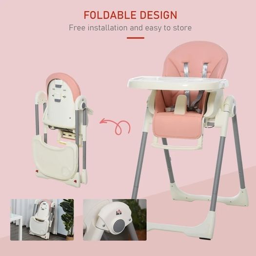 Foldable Baby High Chair Convertible Feeding Chair Height Adjustable with Adjustable Backrest Footrest and Removable Tray 5 Point Safety Harness for Kids 6 - 36 Months Pink (FREE POSTAGE)