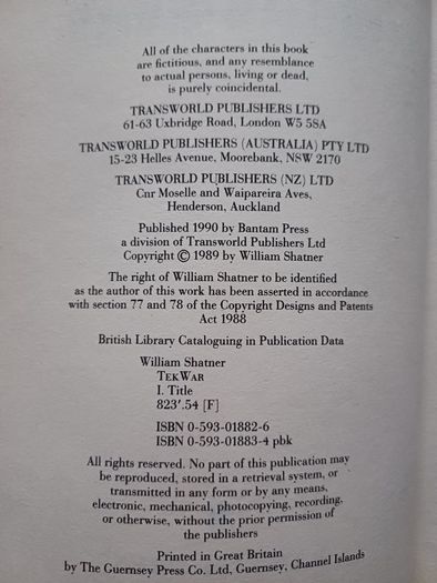 TekWar by William Shatner (Science Fiction First Edition Paperback 1990)