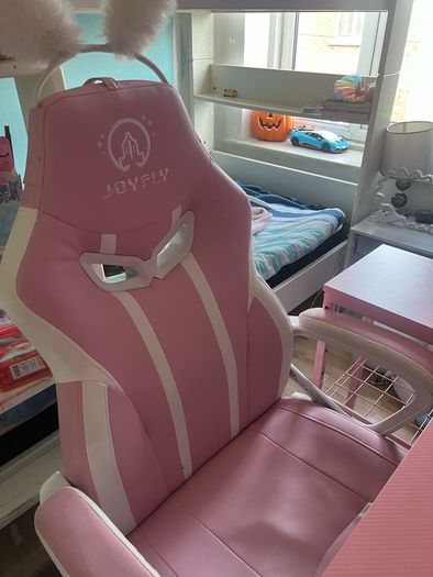 L Shaped Desk with Power Outlets & LED Lights & Pink Gaming Chair for Girls