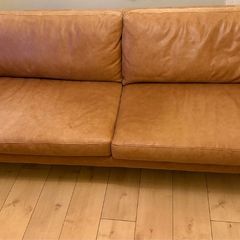 Three seater contemporary tan leather sofa