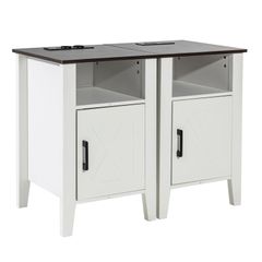 Farmhouse End Table, Set of 2, Square Night Stand with USB Ports and Outlets, 3 Tiers End Table Side Table with Storage Cabinet and LED Lights, Ideal for Living Room, Bedroom, Office, White