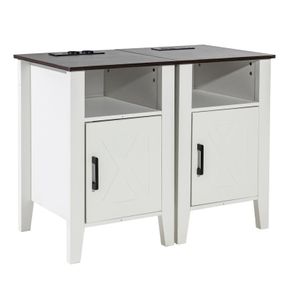 Farmhouse End Table, Set of 2, Square Night Stand with USB Ports and Outlets, 3 Tiers End Table Side Table with Storage Cabinet and LED Lights, Ideal for Living Room, Bedroom, Office, White
