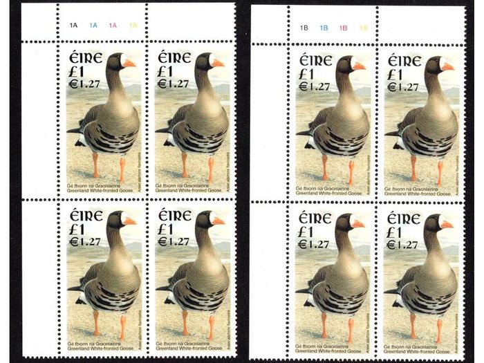 2001 Ireland Dual-value IR1/E1.27 Birds Greenland Goose Definitive Plate Stamps Block 1A1A1A1A & 1B1B1B1B Mint Never Hinged (MNH)