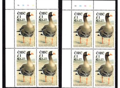 2001 Ireland Dual-value IR1/E1.27 Birds Greenland Goose Definitive Plate Stamps Block 1A1A1A1A & 1B1B1B1B Mint Never Hinged (MNH)