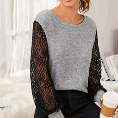 grey and black lace knit sweater