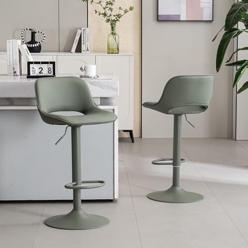 Bar Stool Set of 2 Modern Swivel, Adjustable Counter Height with Faux Leather Upholstered Hollow Back for Kitchen Island, Olive Green