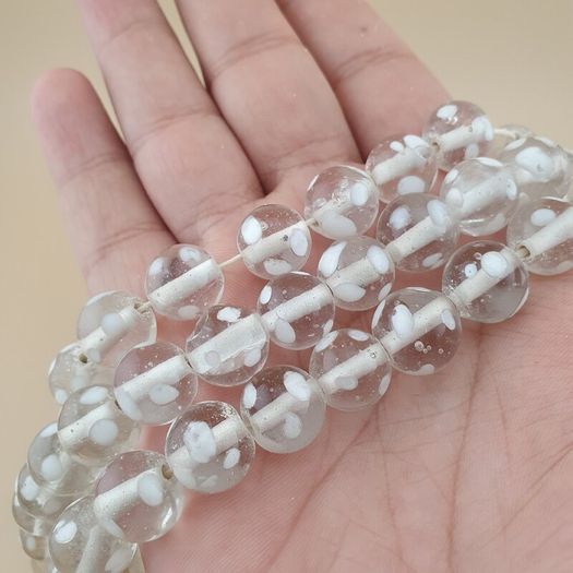Vintage Clear White Dotted Glass Beads Strands 12-13mm Beads Length 22 inches