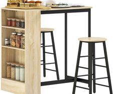 3-piece bar table set, 1 counter, 2 chairs, with storage and footrests, space-saving, Light Brown+Black