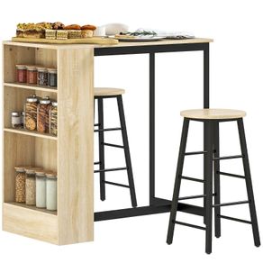 3-piece bar table set, 1 counter, 2 chairs, with storage and footrests, space-saving, Light Brown+Black