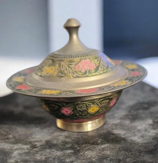 Vintage Brass Enamel Trinket Bowl With Lid For Sale