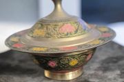 Vintage Brass Enamel Trinket Bowl With Lid For Sale