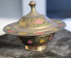 Vintage Brass Enamel Trinket Bowl With Lid For Sale