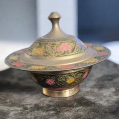 Vintage Brass Enamel Trinket Bowl With Lid For Sale