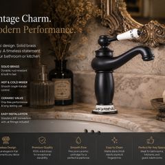 Antique Black Basin Faucet  Solid Brass Vintage Tap with Ceramic Handle