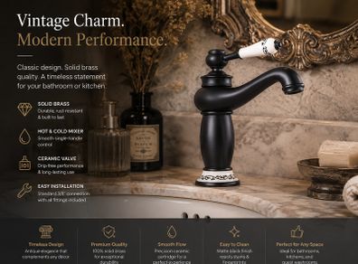 Antique Black Basin Faucet  Solid Brass Vintage Tap with Ceramic Handle