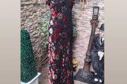 Vintage Libra 90s 00s Black occasion Maxi dress with velvet floral detail uk12