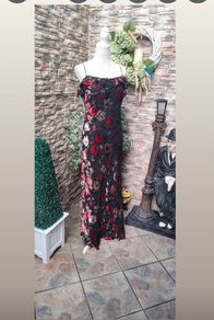 Vintage Libra 90s 00s Black occasion Maxi dress with velvet floral detail uk12