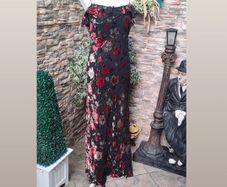 Vintage Libra 90s 00s Black occasion Maxi dress with velvet floral detail uk12