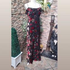 Vintage Libra 90s 00s Black occasion Maxi dress with velvet floral detail uk12