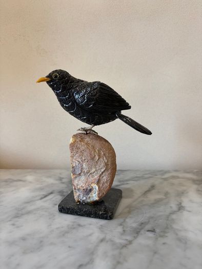 Hand-Carved Gemstone Blackbird on Crystal Geode Base