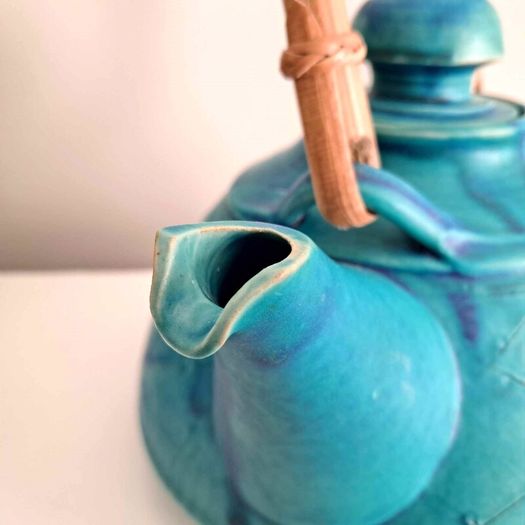Turquoise Rustic Stoneware - Pottery Teapot With Bamboo Handle