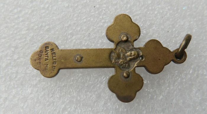 Antique Crucifix Reliquary Pendant Brass and Mother of Pearl Crucifix Pendant