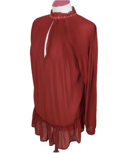 River Island Ladies Red Semi Pleated Sheer Top Long Sleeves Cold Shoulders Sz 10 including postage