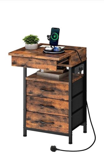 Bedside Table with Charging Station, Side Table with 4 Drawers, 2 AC Outlets, 1 USB-A, 1 Type-C, Nightstand for Bedroom, Living Room, Rustic Brown and Black
