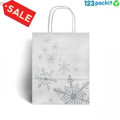 Job Lot 20 x White paper carrier bags with snowflake pattern Christmas small size twisted handles