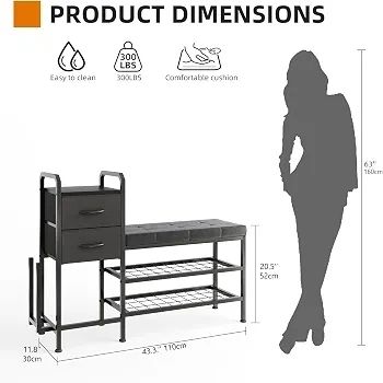 Shoe Bench with Cushion, Storage Bench with Padded Seat, 2 Drawer and Open Compartments, for Entryway, Hallway, Living Room, Black
